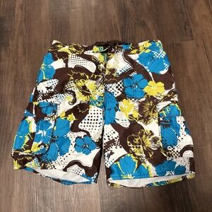 OP Cargo Swim‎ Trunks Hawaiian Hibiscus Print Brown Blue Green L 36/38
